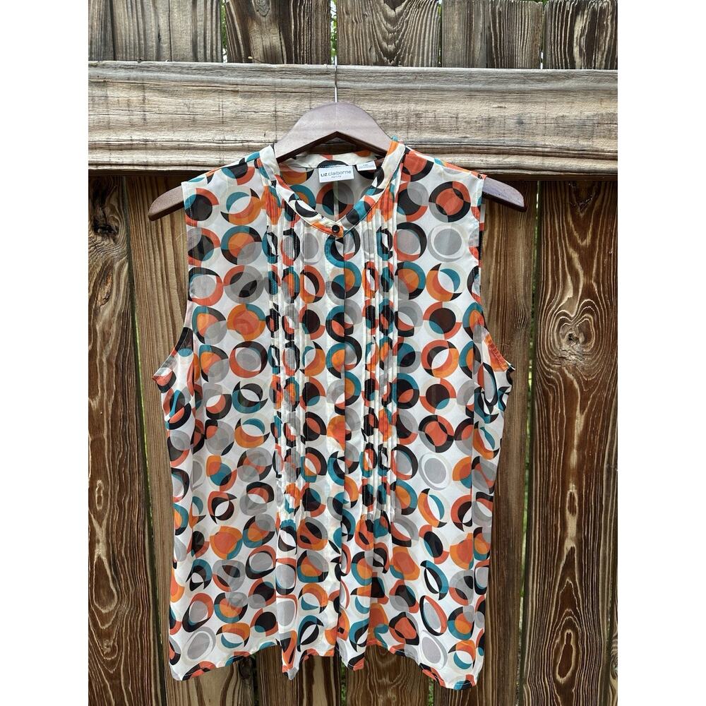 Liz Claiborne Petite PXL Sleeveless Blouse Geometric Print Pleated Front Career